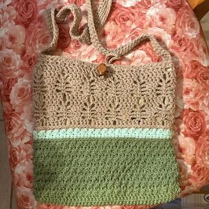 Handcrafted Crochet Shoulder Bag - Green and Tan